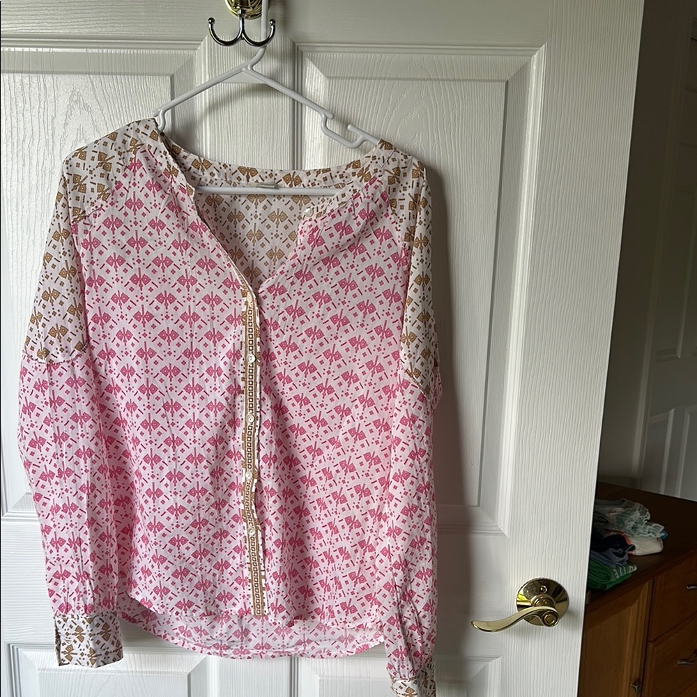 Sundance Pink and White Long Sleeve Blouse with Mandarin Collar
